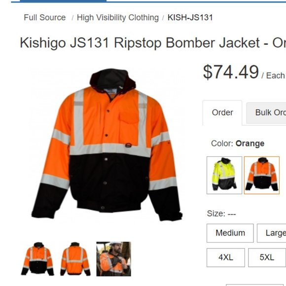 Kishigo JS131 Ripstop Bomber Jacket - Orange - Picture 5 of 5